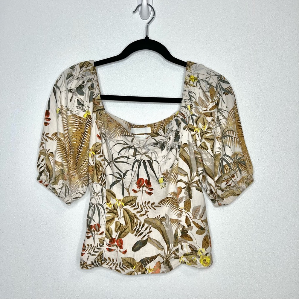 H&M Linen Blend Puff-Sleeve Top Blouse Beige Sweetheart Neckline Size XXS NWOT